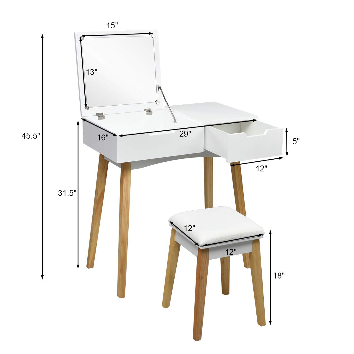 White Wooden Vanity Table with Flip Top Mirror and Stool C185352