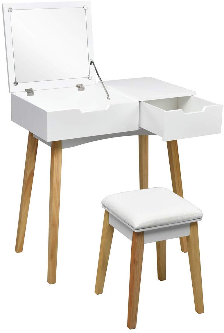 White Wooden Vanity Table with Flip Top Mirror and Stool C185352