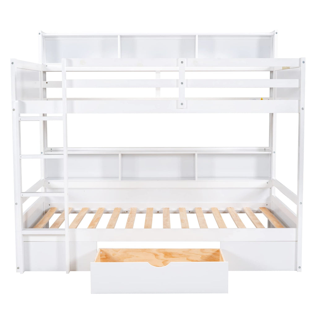 Twin Over Twin Wooden Bunk Bed with Shelves and Storage Drawer T721