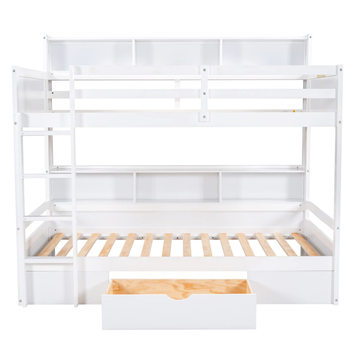 Twin Over Twin Wooden Bunk Bed with Shelves and Storage Drawer T721
