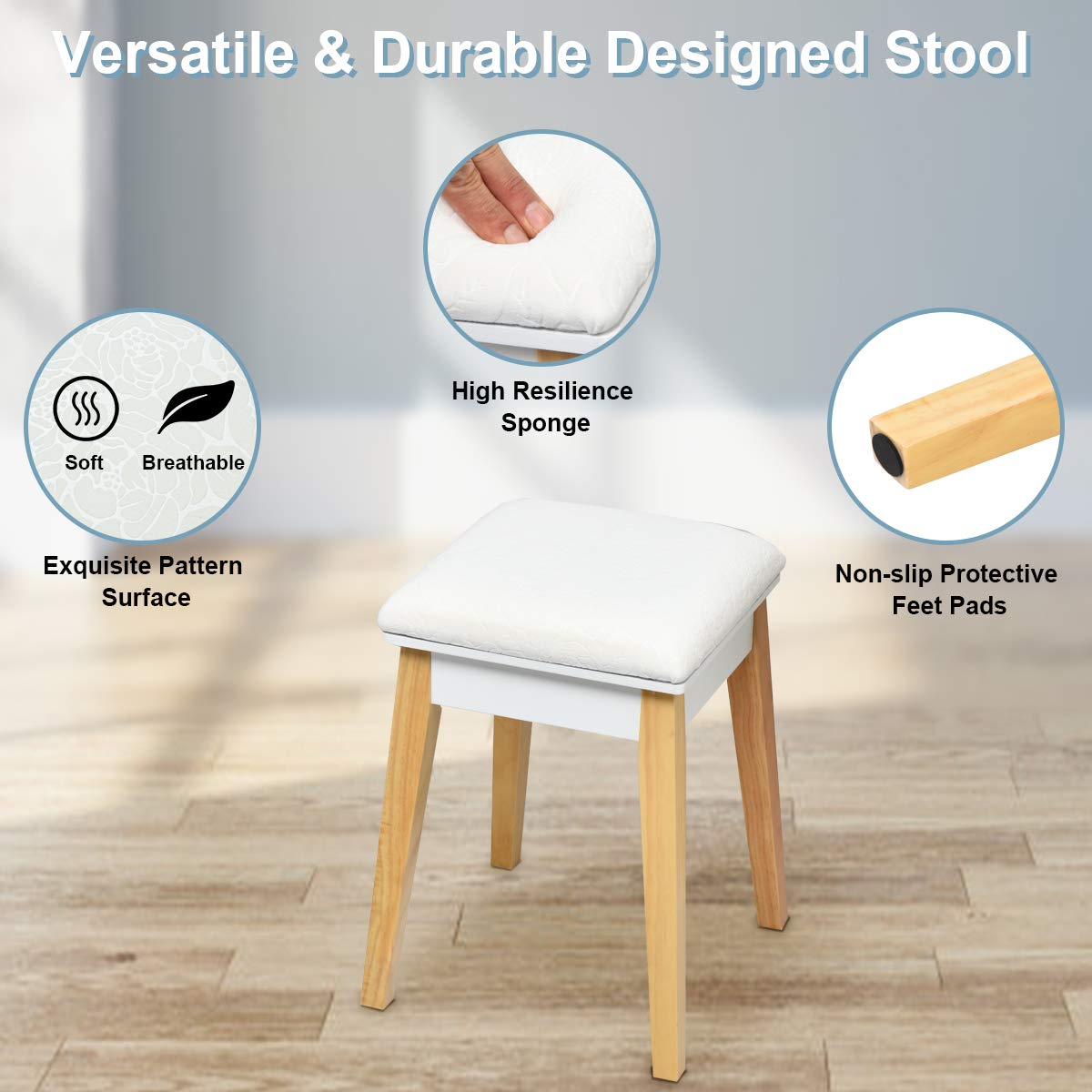 White Wooden Vanity Table with Flip Top Mirror and Stool C185352