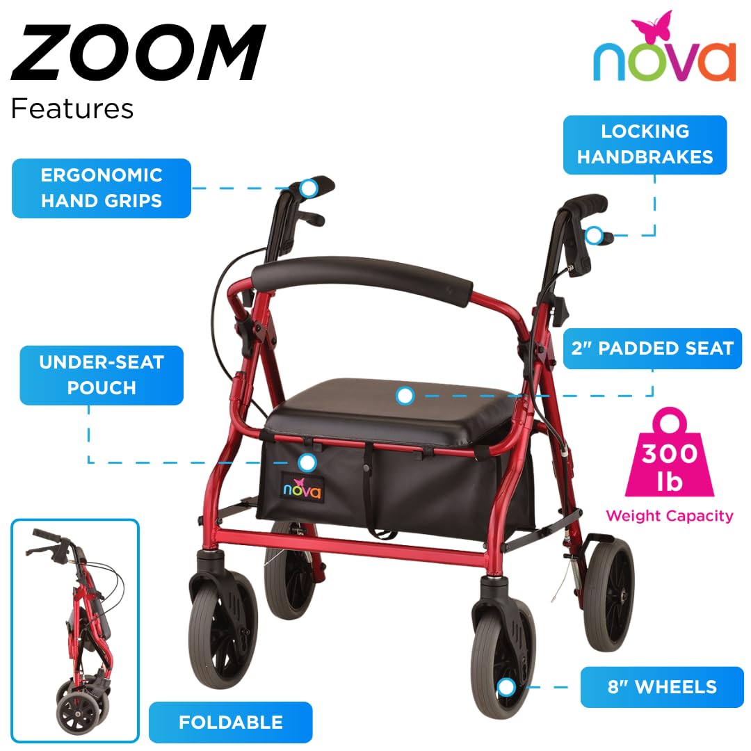 Red Rollator Walker with Padded Seat and 8" Wheels W86417