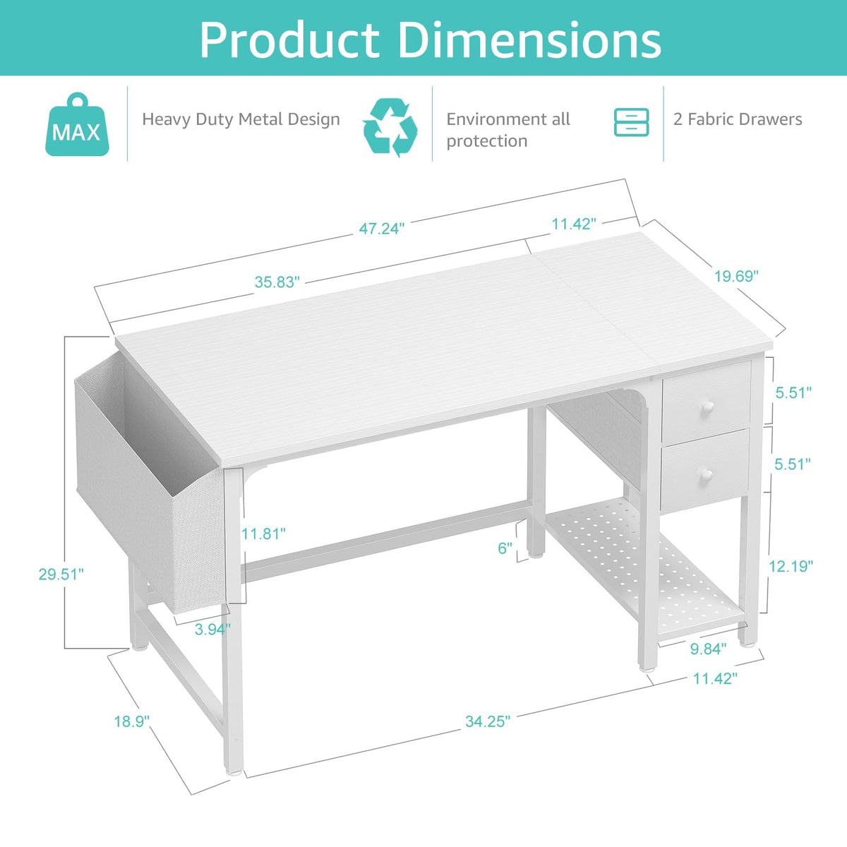 White Computer Desk with Drawers 47 Inch T930