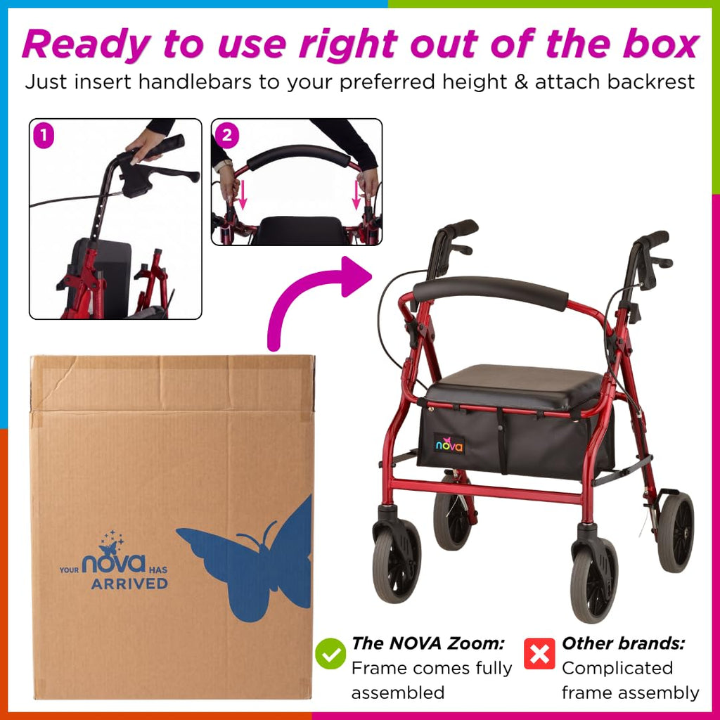 Red Rollator Walker with Padded Seat and 8" Wheels W86417