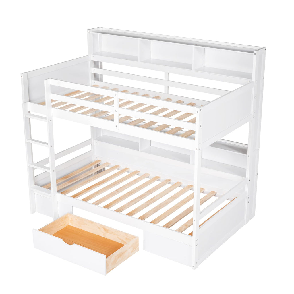 Twin Over Twin Wooden Bunk Bed with Shelves and Storage Drawer T721