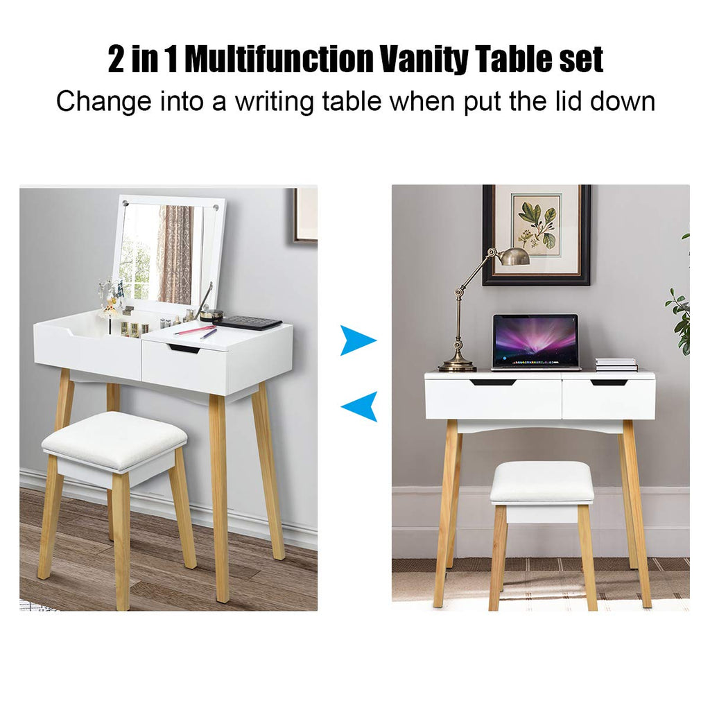 White Wooden Vanity Table with Flip Top Mirror and Stool C185352