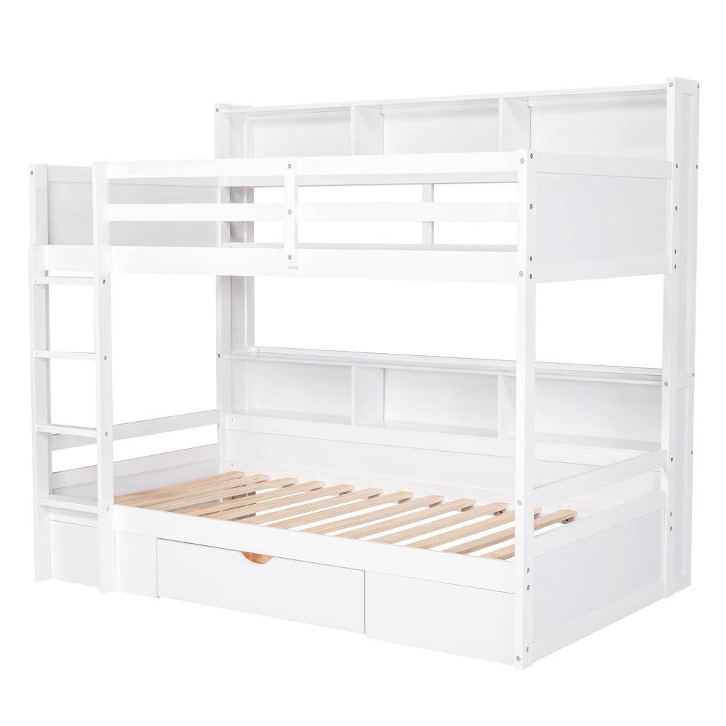Twin Over Twin Wooden Bunk Bed with Shelves and Storage Drawer T721