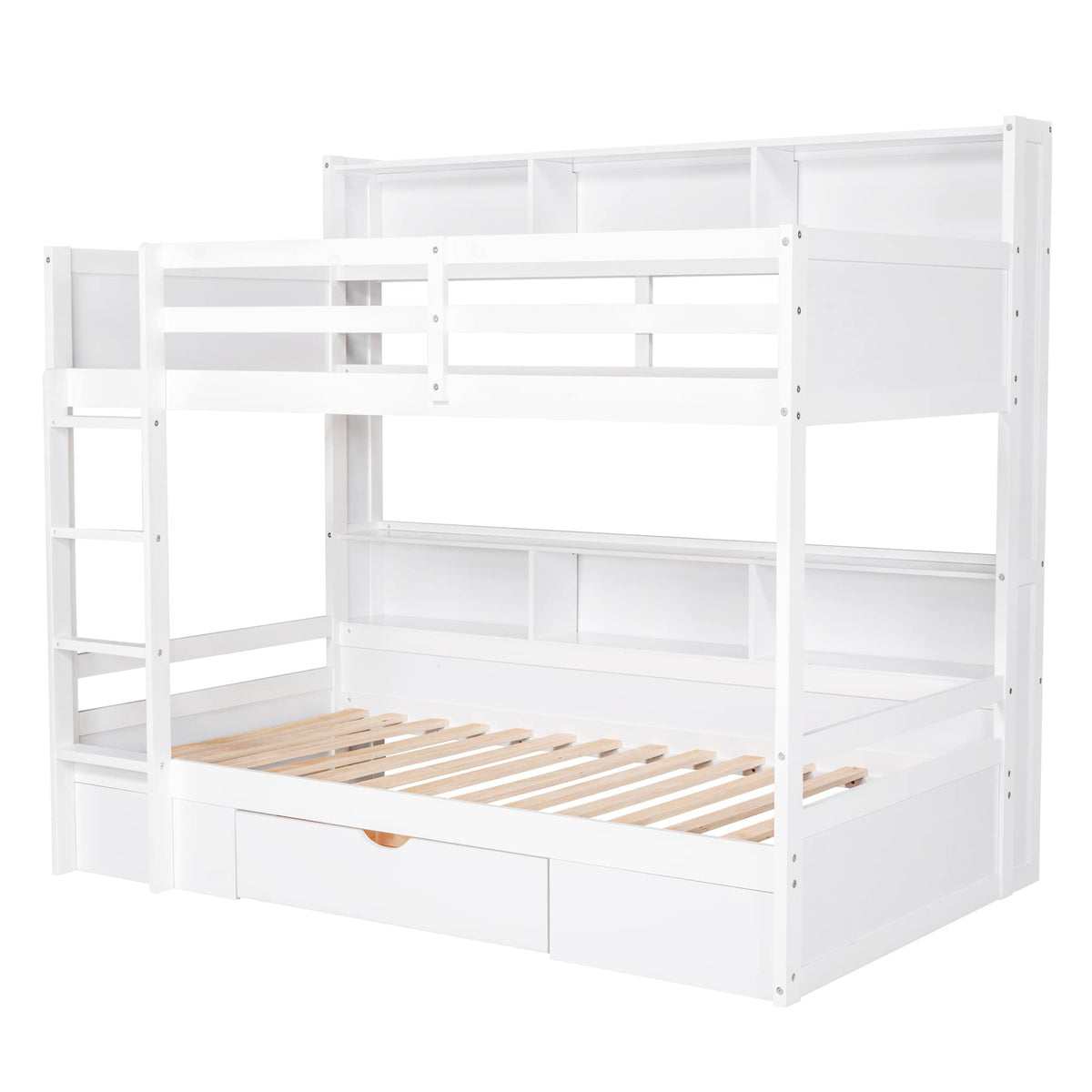 Twin Over Twin Wooden Bunk Bed with Shelves and Storage Drawer T721