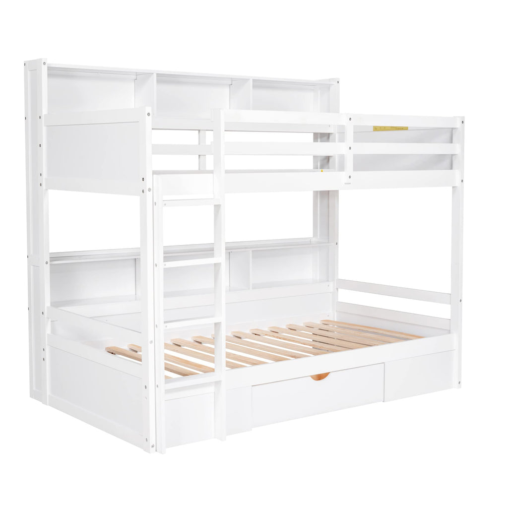 Twin Over Twin Wooden Bunk Bed with Shelves and Storage Drawer T721
