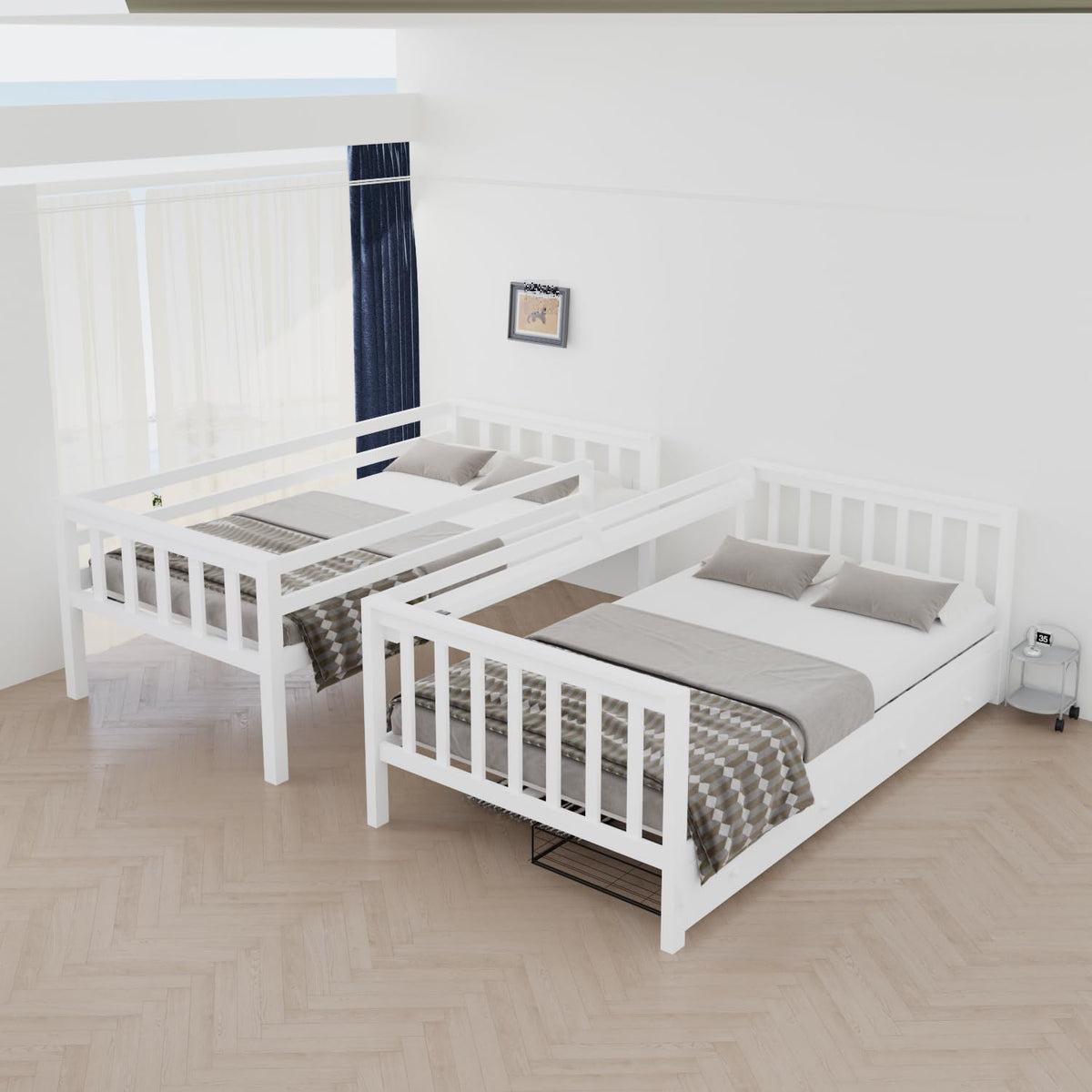 Solid Wood Bunk Bed with Charging Station and LED Lights Twin Over Full with 2 Storage Drawers S316341