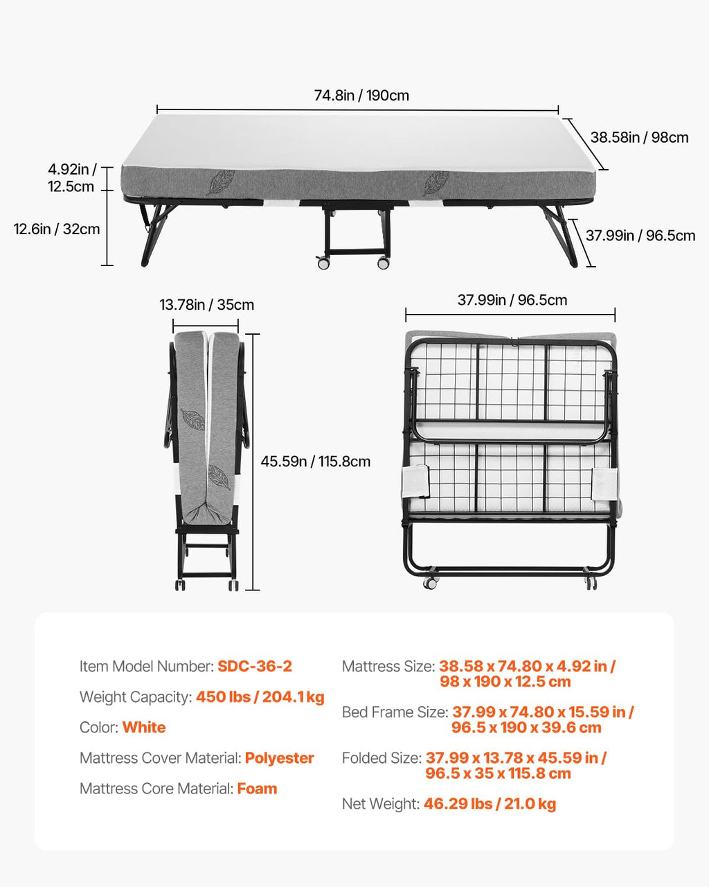White Twin Size Folding Bed with 5 in Memory Foam Mattress C888