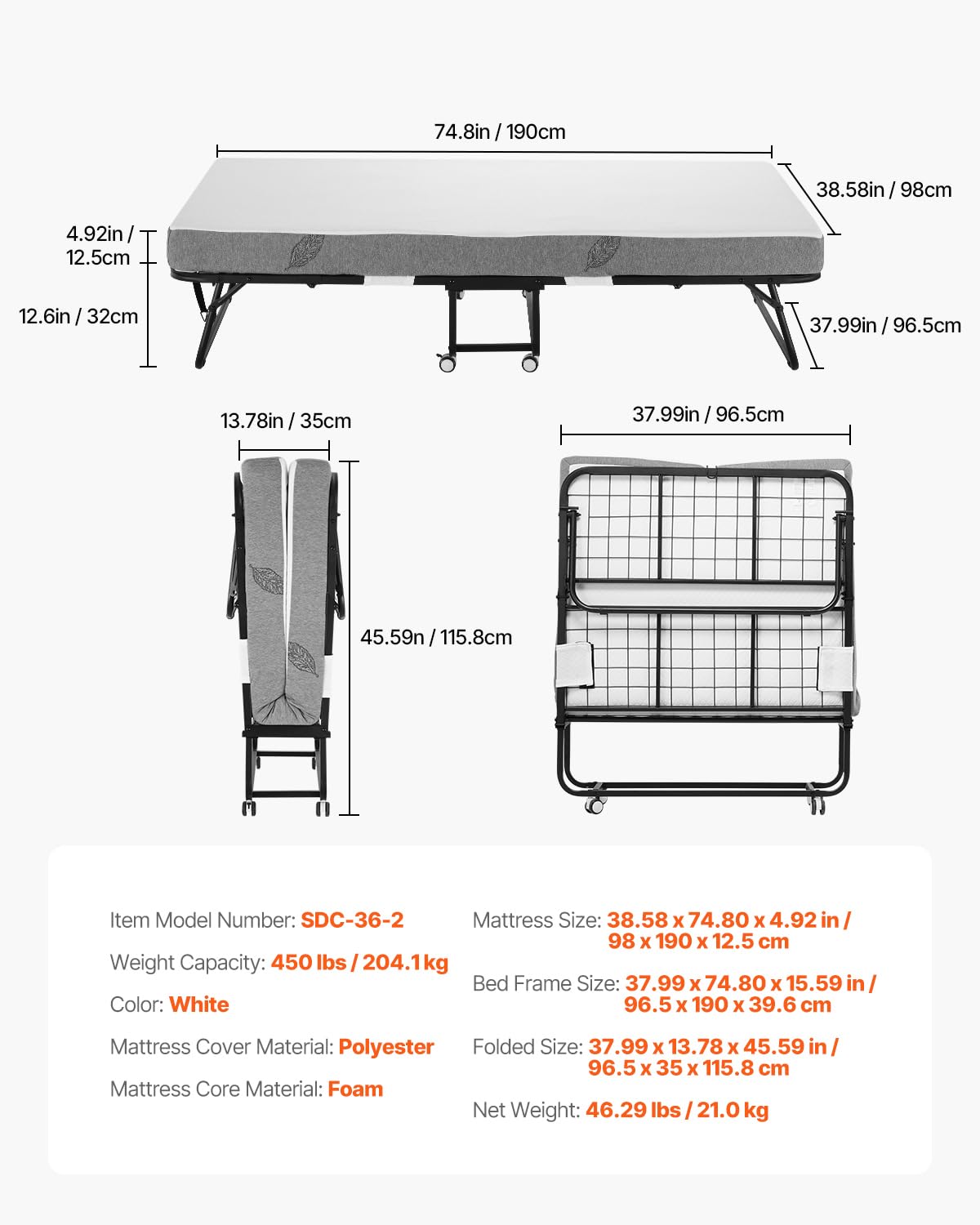 White Twin Size Folding Bed with 5 in Memory Foam Mattress C888