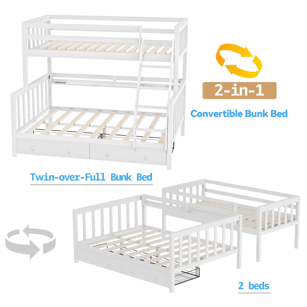 Solid Wood Bunk Bed with Charging Station and LED Lights Twin Over Full with 2 Storage Drawers S316341