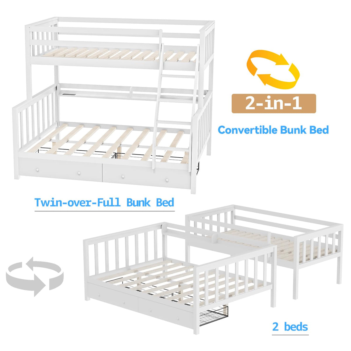 Solid Wood Bunk Bed with Charging Station and LED Lights Twin Over Full with 2 Storage Drawers S316341