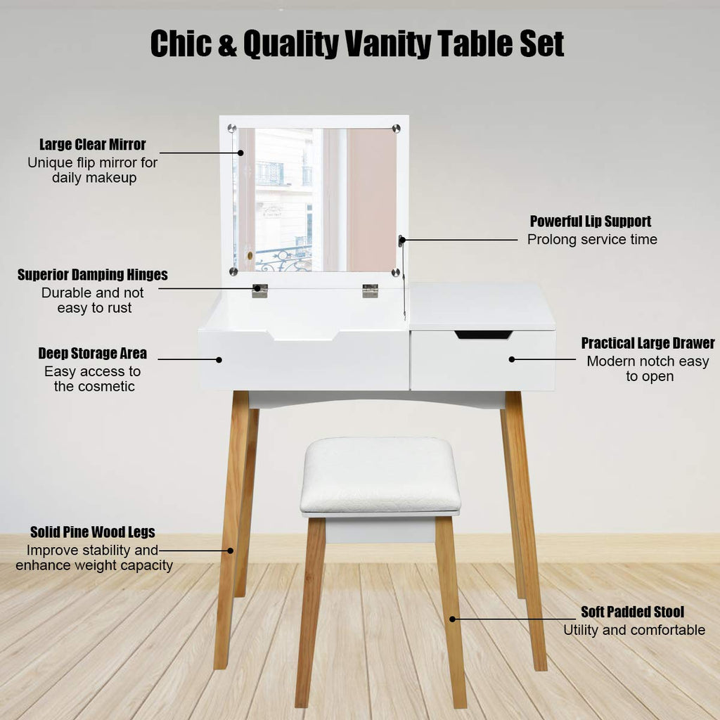 White Wooden Vanity Table with Flip Top Mirror and Stool C185352
