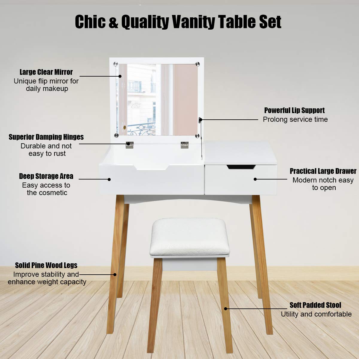 White Wooden Vanity Table with Flip Top Mirror and Stool C185352