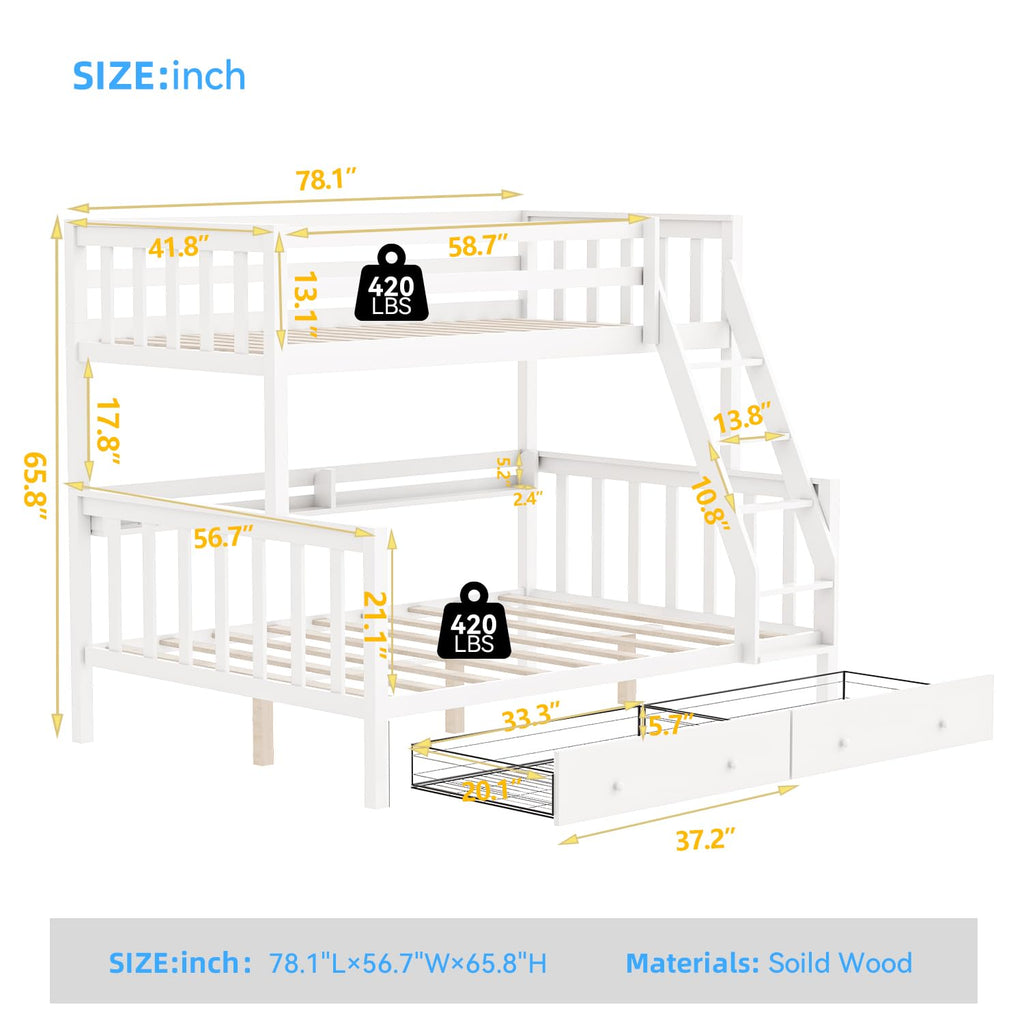 Solid Wood Bunk Bed with Charging Station and LED Lights Twin Over Full with 2 Storage Drawers S316341