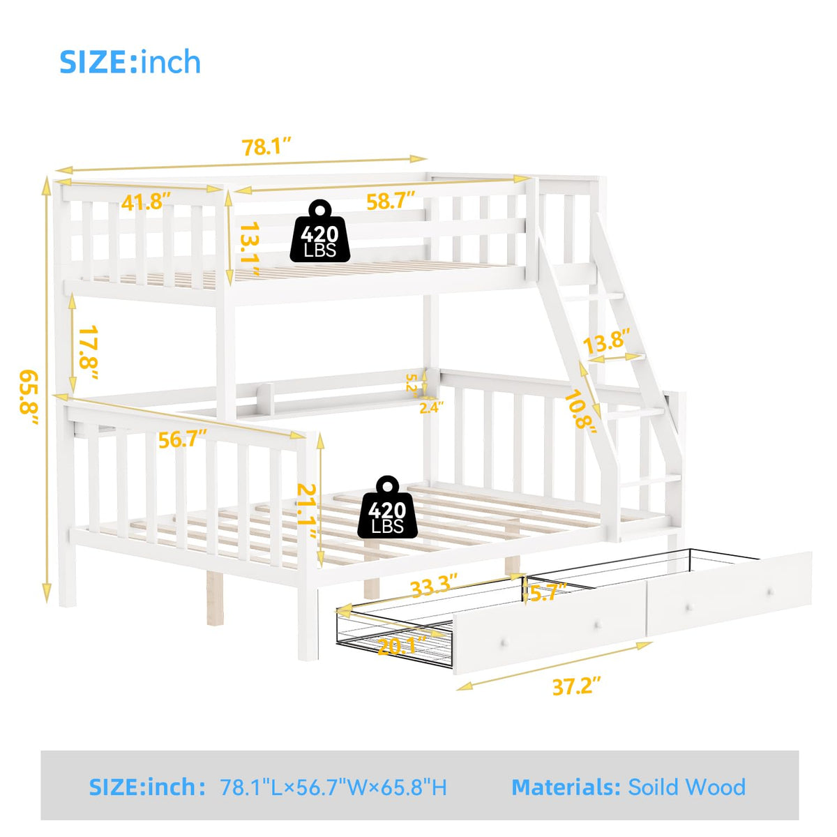 Solid Wood Bunk Bed with Charging Station and LED Lights Twin Over Full with 2 Storage Drawers S316341