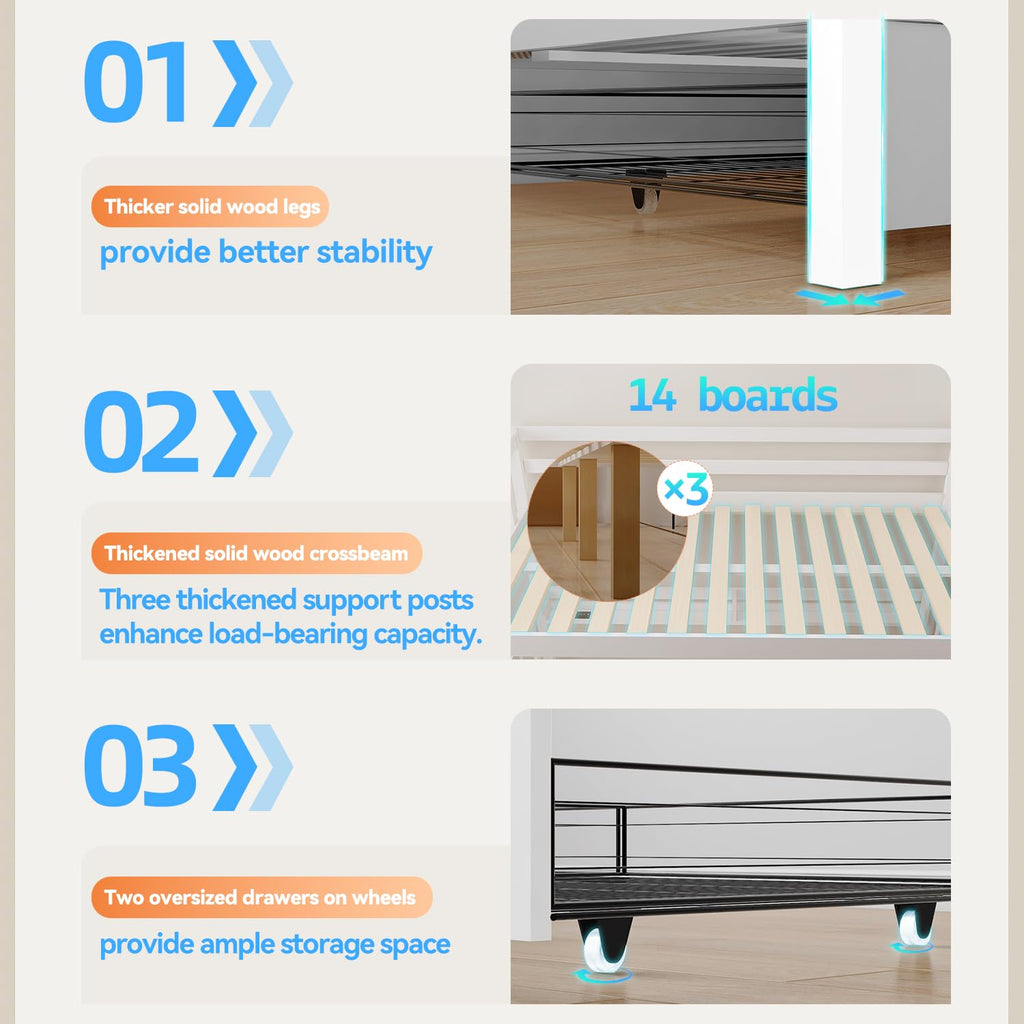 Solid Wood Bunk Bed with Charging Station and LED Lights Twin Over Full with 2 Storage Drawers S316341