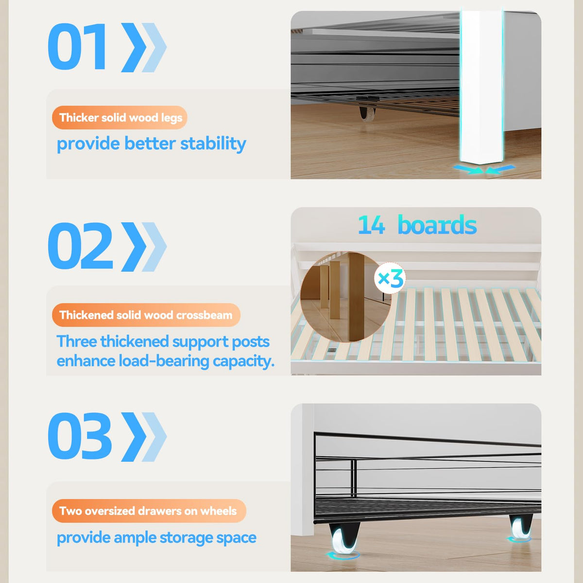 Solid Wood Bunk Bed with Charging Station and LED Lights Twin Over Full with 2 Storage Drawers S316341