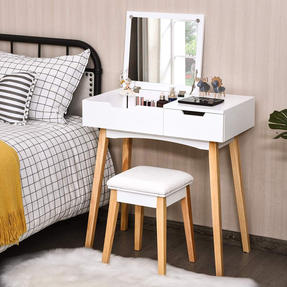 White Wooden Vanity Table with Flip Top Mirror and Stool C185352