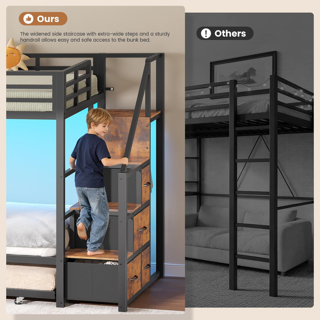 Twin Over Twin Metal Bunk Bed with Trundle and Staircase, Black C806095