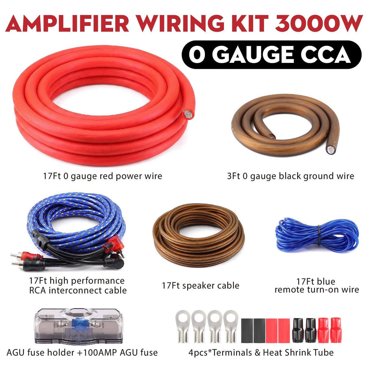 0 Gauge Amp Wiring Kit, 3000 Watt Car Amplifier Installation Wiring Kit F3322