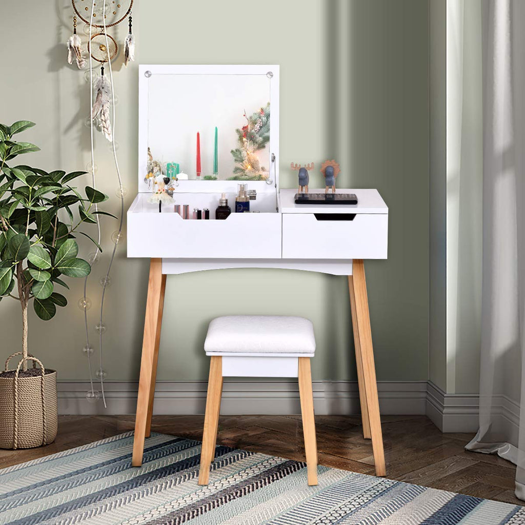White Wooden Vanity Table with Flip Top Mirror and Stool C185352