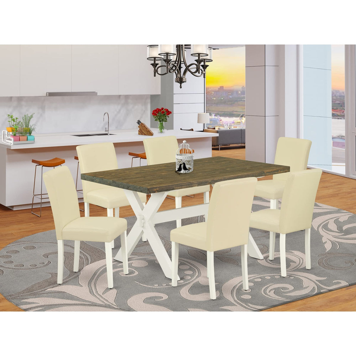 7 Piece Dining Room Table Set with 6 White Faux Leather Chairs M52890