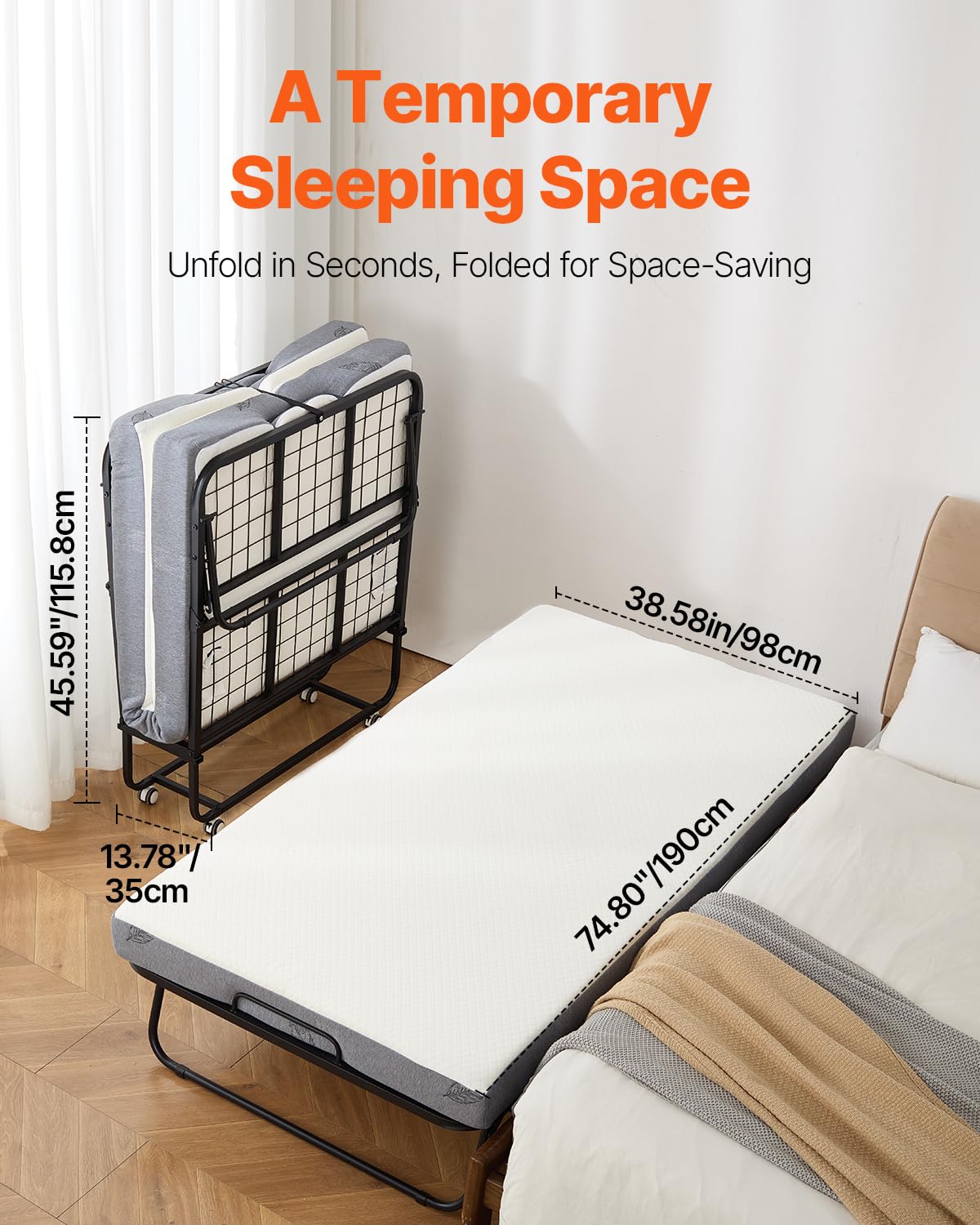 White Twin Size Folding Bed with 5 in Memory Foam Mattress C888