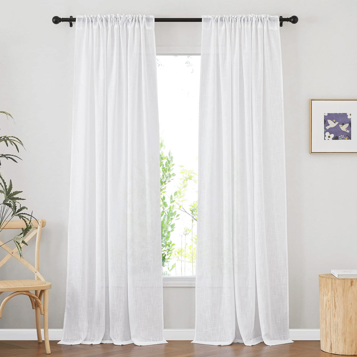White Sheer Linen Curtains, 2 Panels, W52 x L95 Y7759