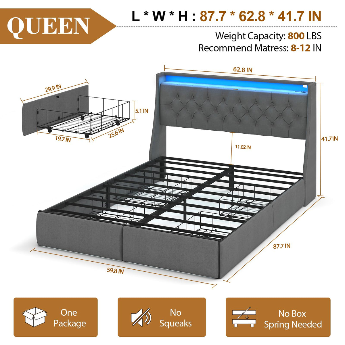 Queen Size Upholstered Bed Frame with 4 Storage Drawers L157
