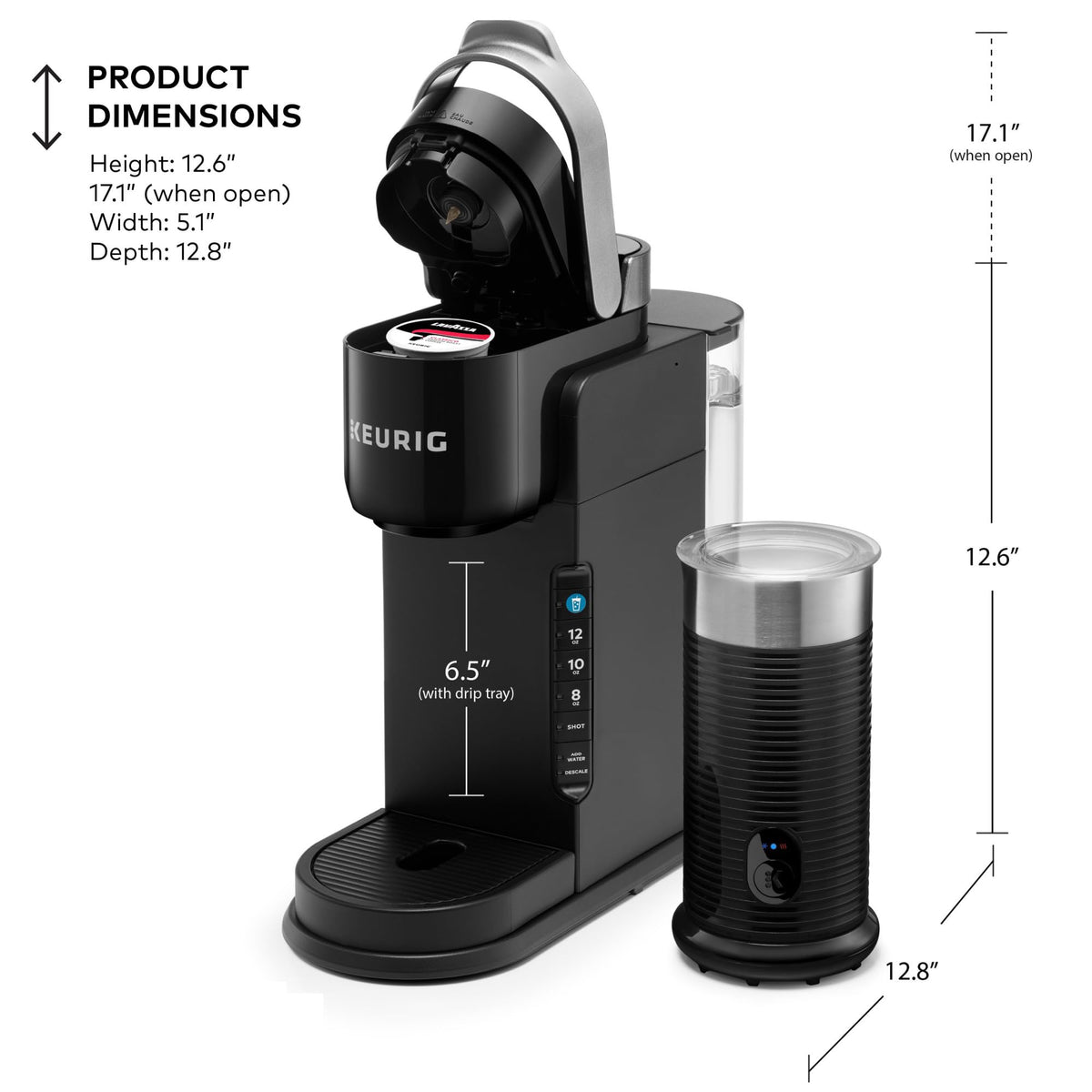 Single Serve Coffee Maker and Frother, 3 Brew Sizes, Black F867