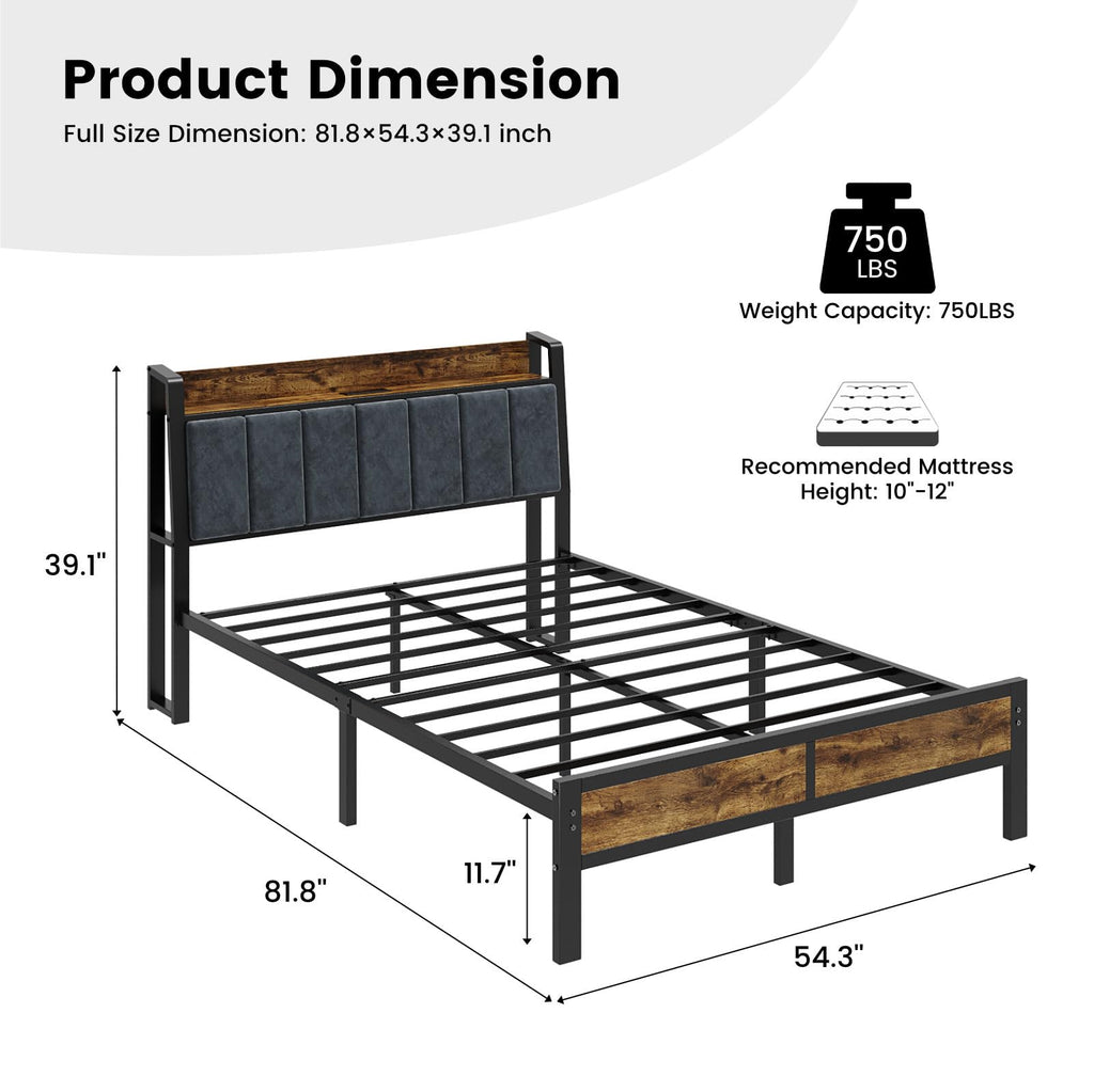 Full Size Bed Frame with LED Lights and Charging Station J49246