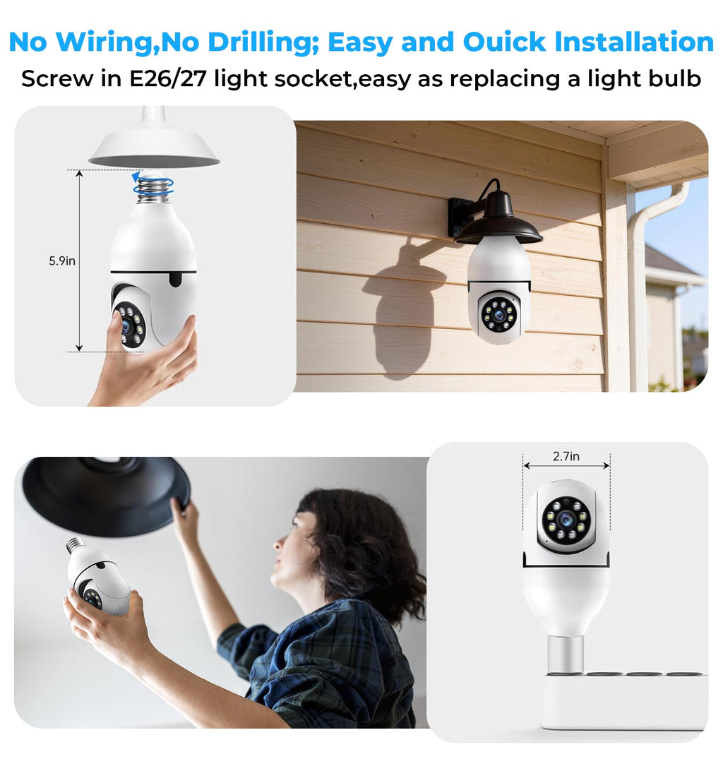 2K 5GHz & 2.4GHz WiFi Light Bulb Security Camera 360° PTZ X5352