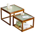 Brown Square Nesting Coffee Table Set of 2 with Tempered Glass and Bamboo E61500