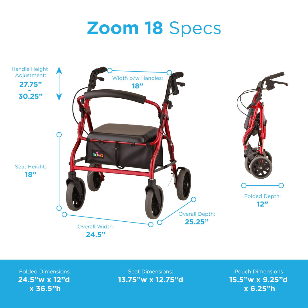 Red Rollator Walker with Padded Seat and 8" Wheels W86417