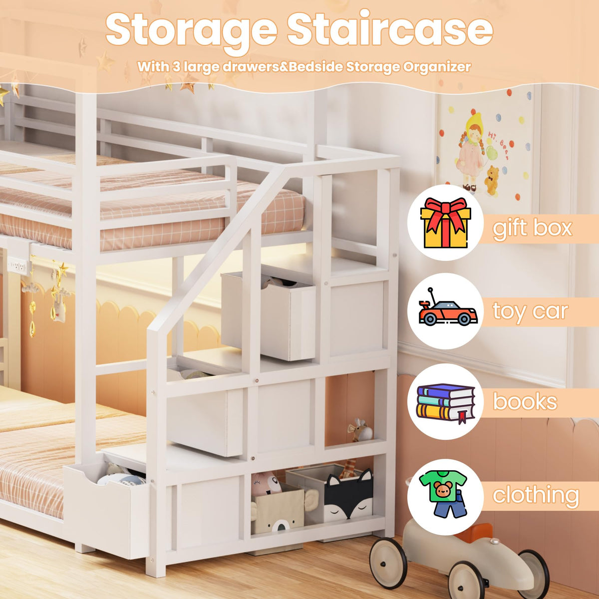 White Twin Over Twin Bunk Bed with Storage Stairs W1212