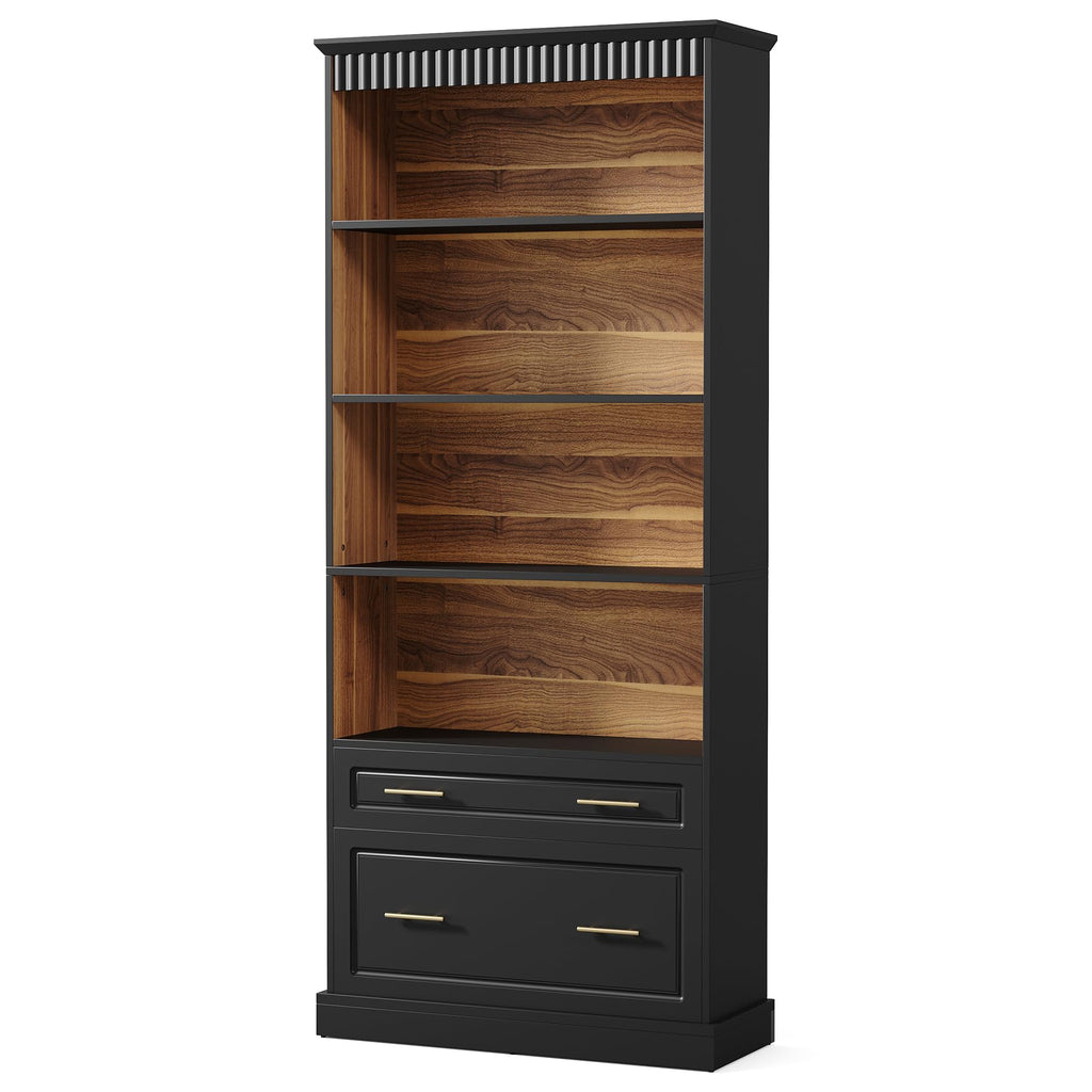 72" Tall Black 5-Tier Bookcase with 2 Drawers C75282