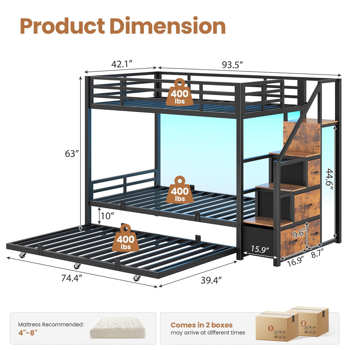 Twin Over Twin Metal Bunk Bed with Trundle and Staircase, Black C806095
