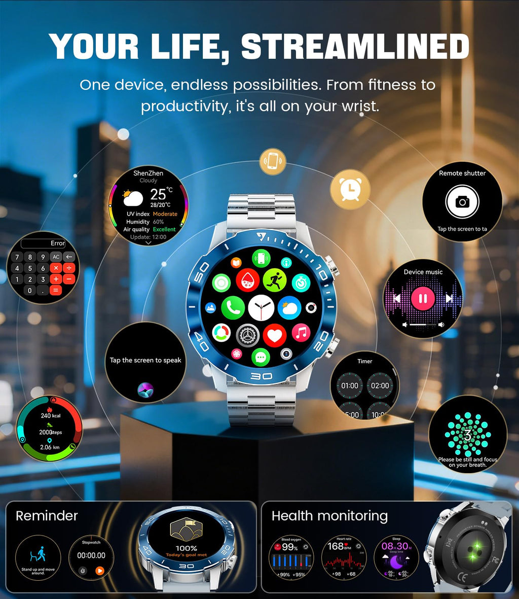 Smart Watch with Heart Rate SpO2 Sleep Monitor IP68 Waterproof Silver Blue 40mm Q815