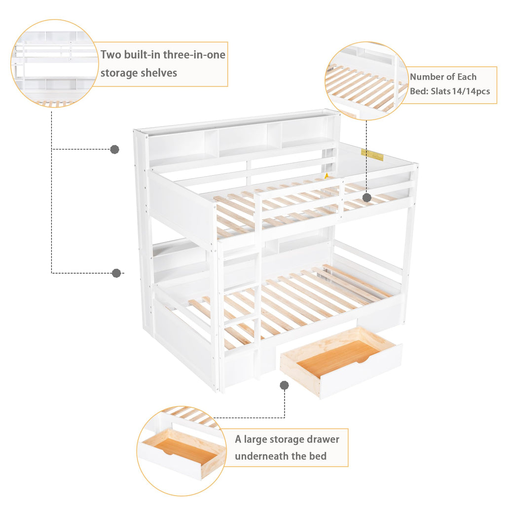 Twin Over Twin Wooden Bunk Bed with Shelves and Storage Drawer T721