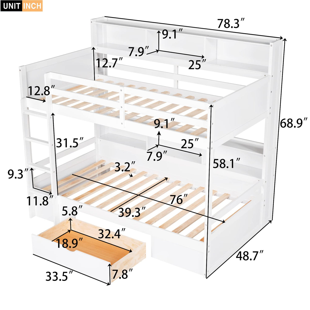 Twin Over Twin Wooden Bunk Bed with Shelves and Storage Drawer T721