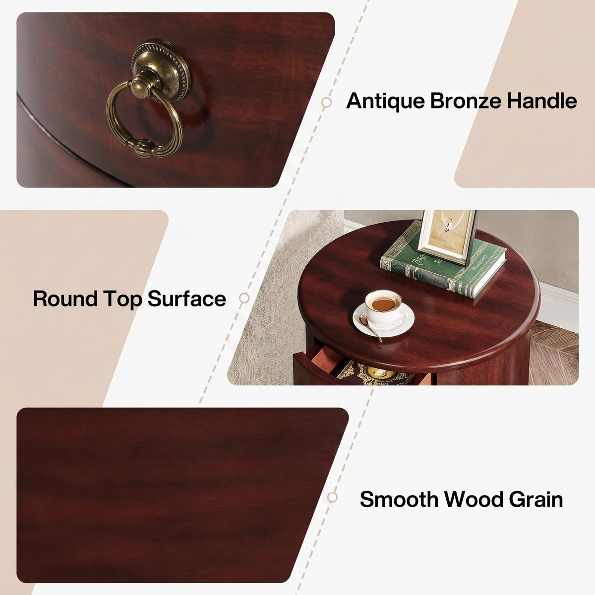Solid Wood Round End Table with 4 Drawers V614532