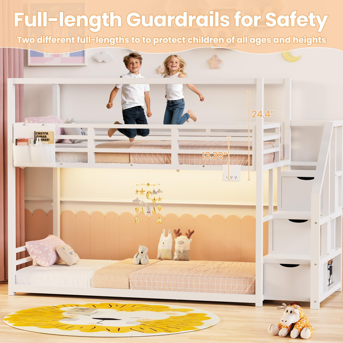White Twin Over Twin Bunk Bed with Storage Stairs W1212