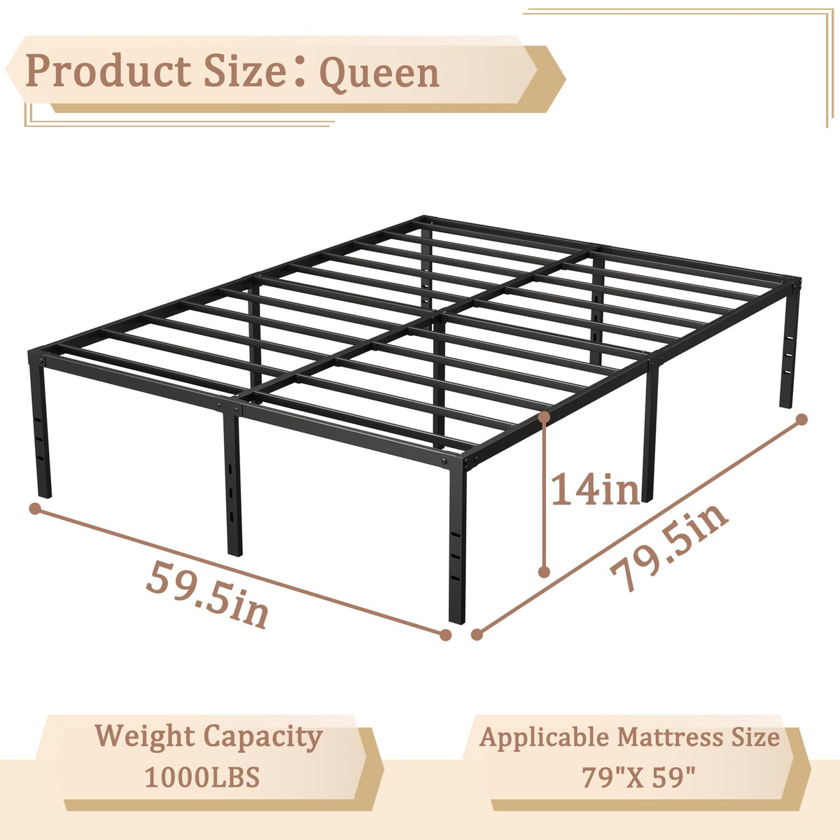 Queen 14-Inch Heavy-Duty Platform Bed Frame D6083