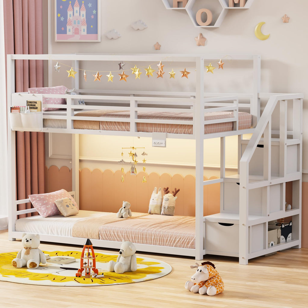 White Twin Over Twin Bunk Bed with Storage Stairs W1212