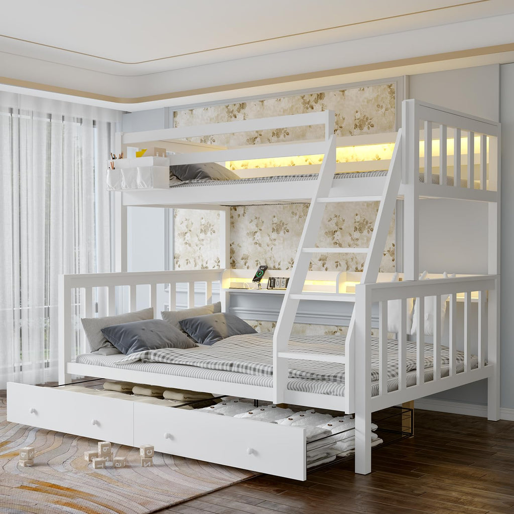 Solid Wood Bunk Bed with Charging Station and LED Lights Twin Over Full with 2 Storage Drawers S316341