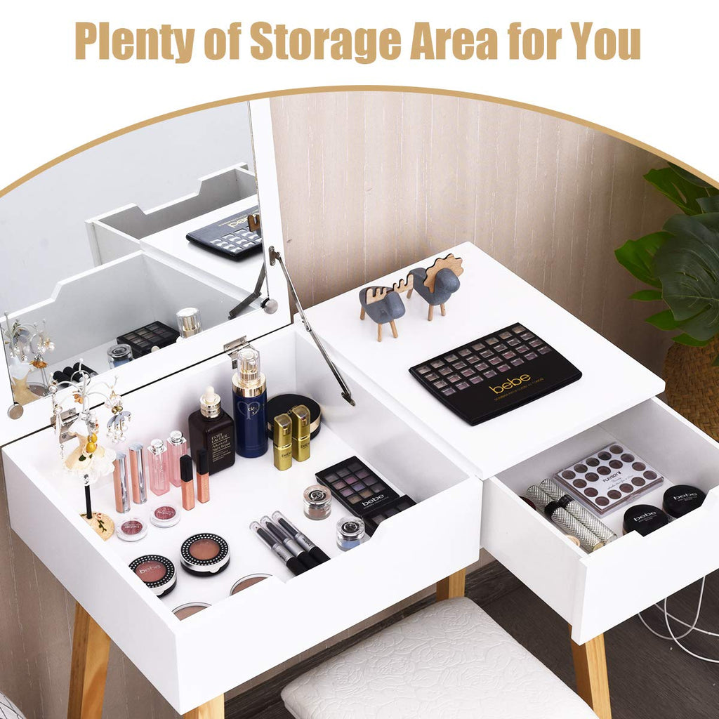 White Wooden Vanity Table with Flip Top Mirror and Stool C185352