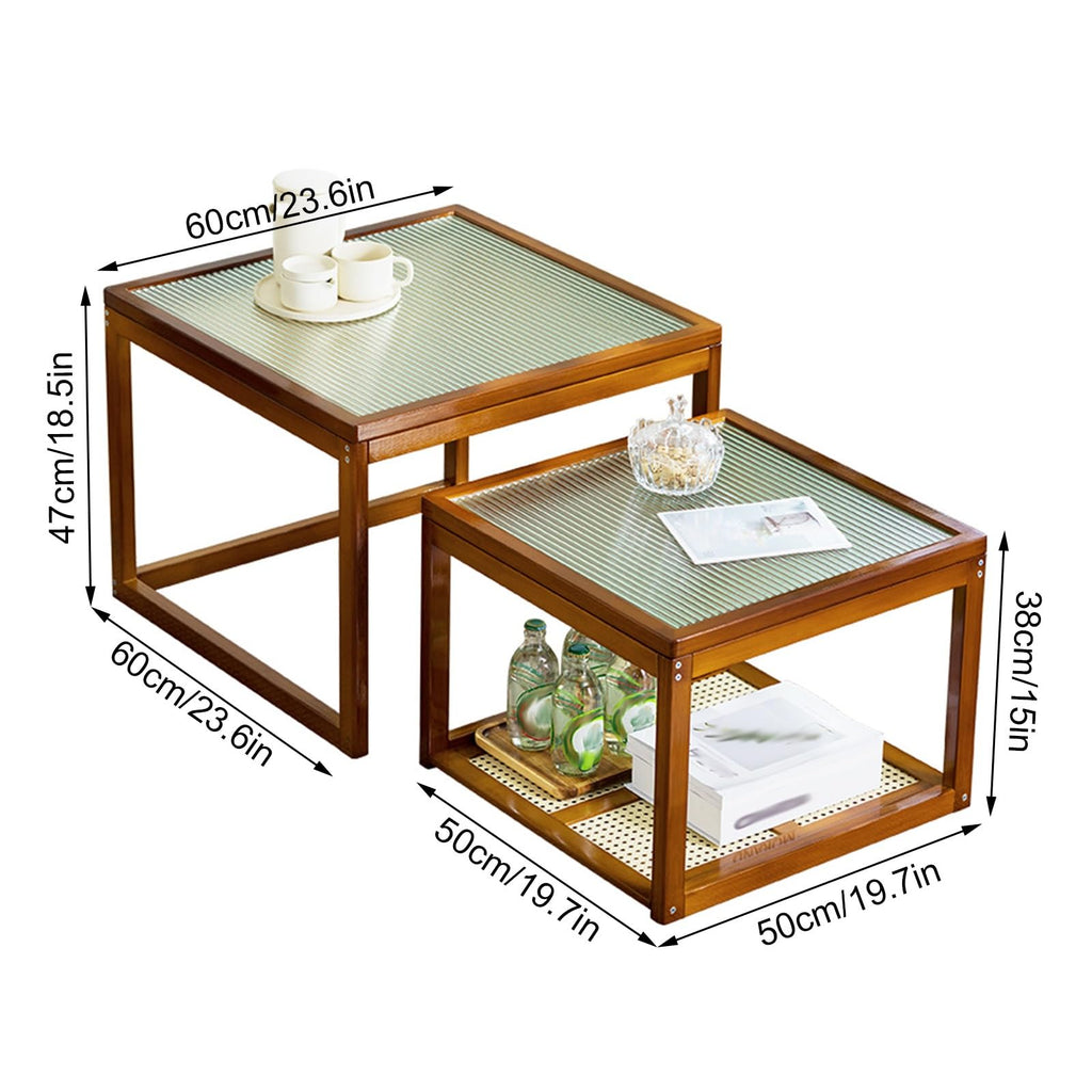 Brown Square Nesting Coffee Table Set of 2 with Tempered Glass and Bamboo E61500